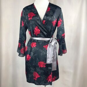 SECRET TREASURES Womens (M)‎ Robe Black Satin Red Floral Peasant Cuff Goth Vamp